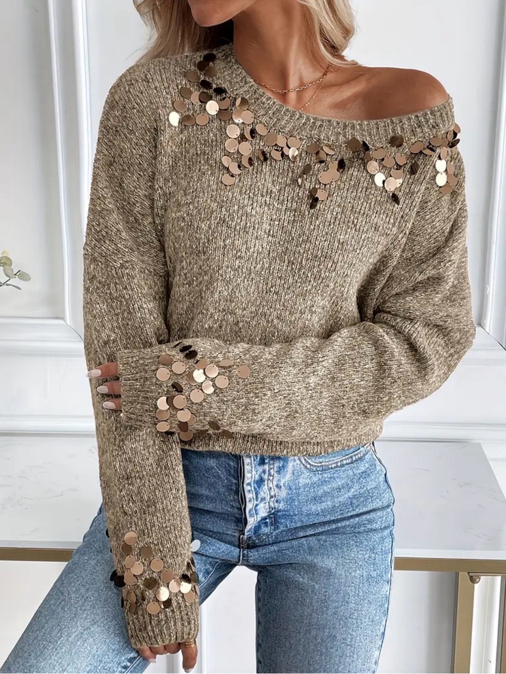 Sequin-Trim Off-Shoulder Knit Sweater - Taupe and Gold